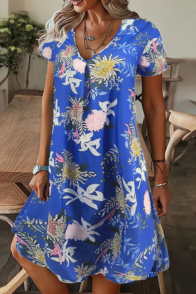 Casual Print Patchwork V Neck A Line Short Sleeve Dress(9 Colors)