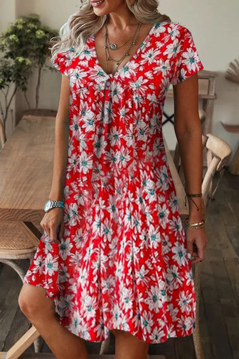 Casual Print Patchwork V Neck A Line Short Sleeve Dress(9 Colors)