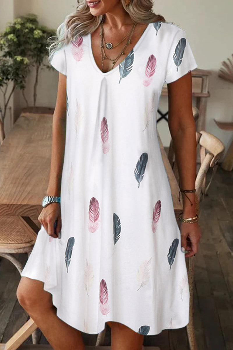 Casual Print Patchwork V Neck A Line Short Sleeve Dress(9 Colors)