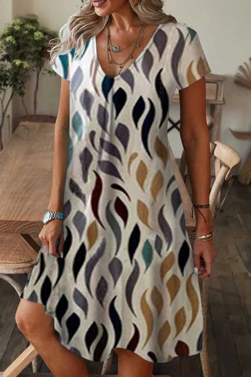 Casual Print Patchwork V Neck A Line Short Sleeve Dress(9 Colors)