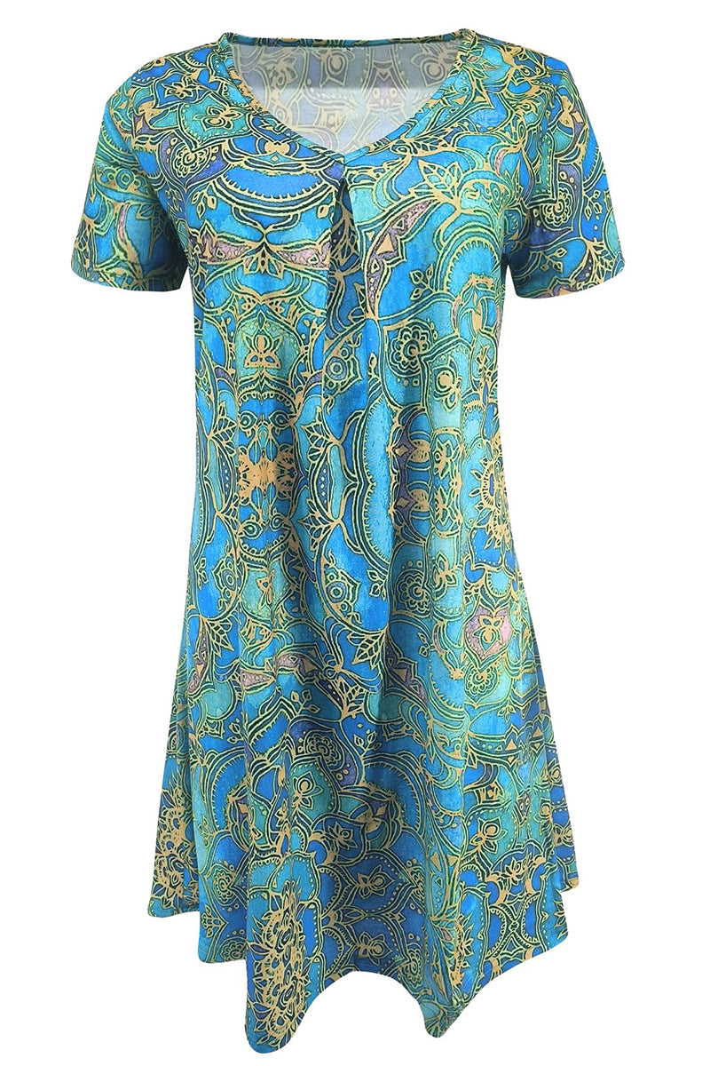 Casual Print Patchwork V Neck A Line Short Sleeve Dress(9 Colors)