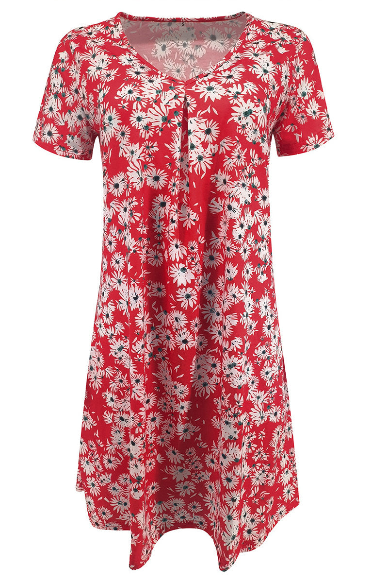 Casual Print Patchwork V Neck A Line Short Sleeve Dress(9 Colors)