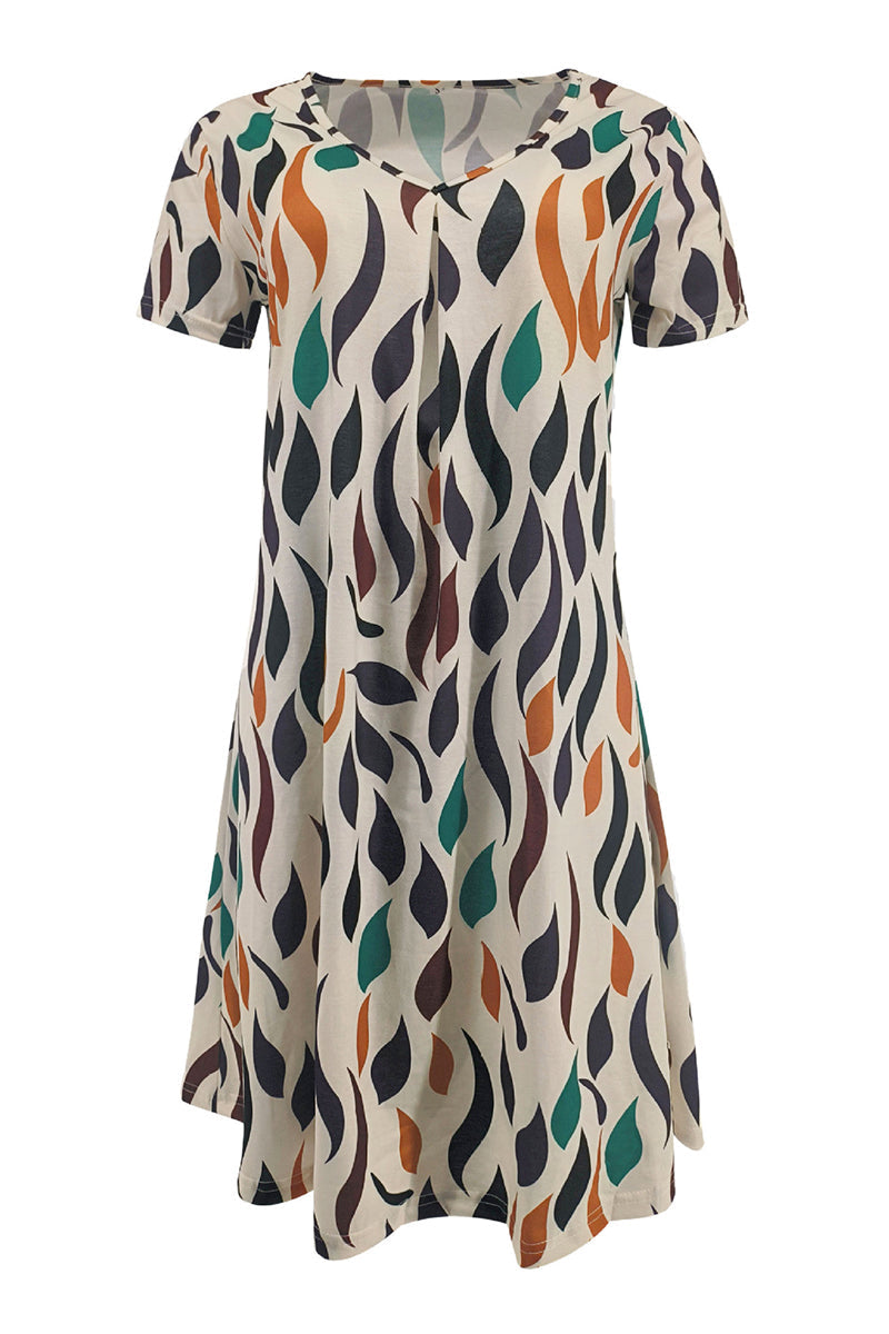 Casual Print Patchwork V Neck A Line Short Sleeve Dress(9 Colors)