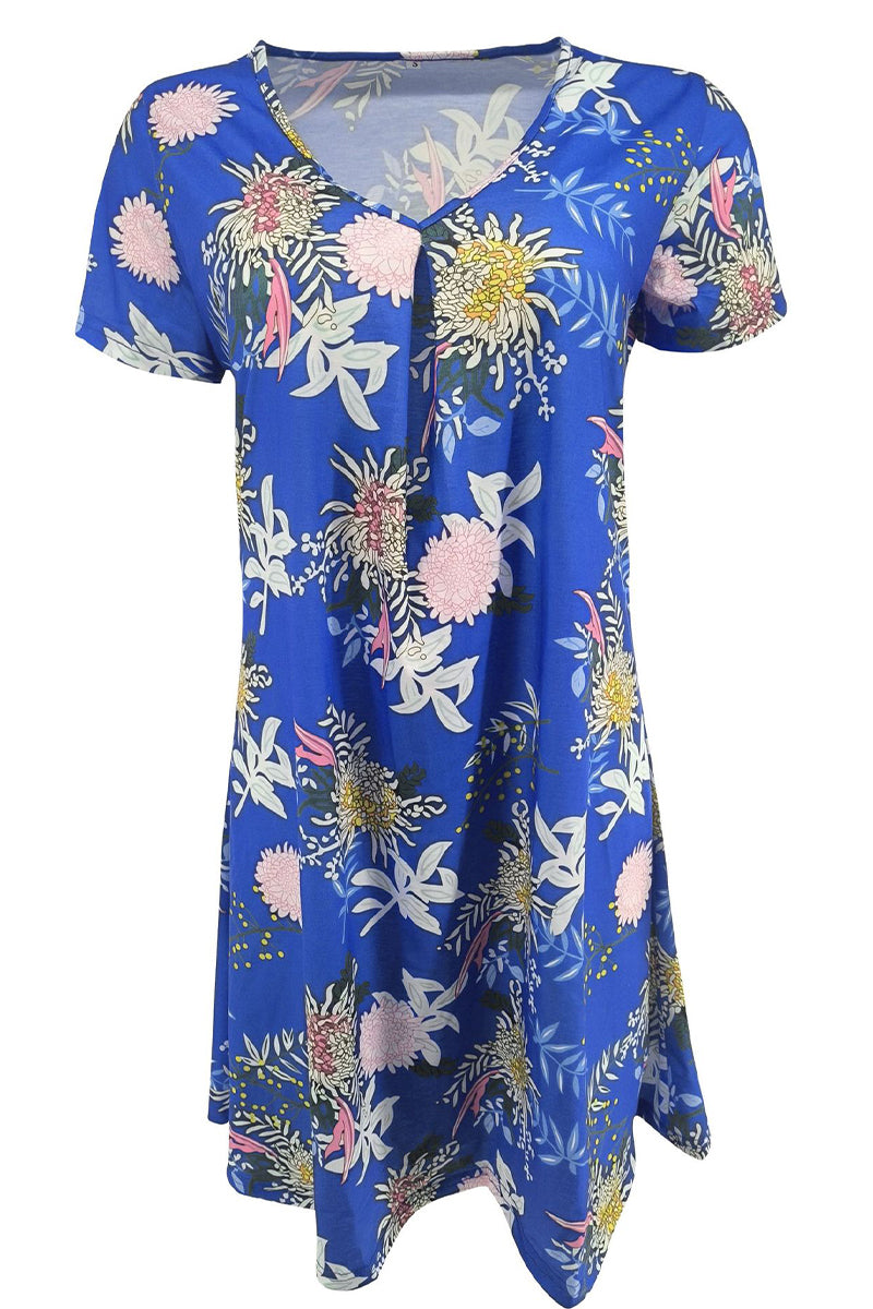 Casual Print Patchwork V Neck A Line Short Sleeve Dress(9 Colors)