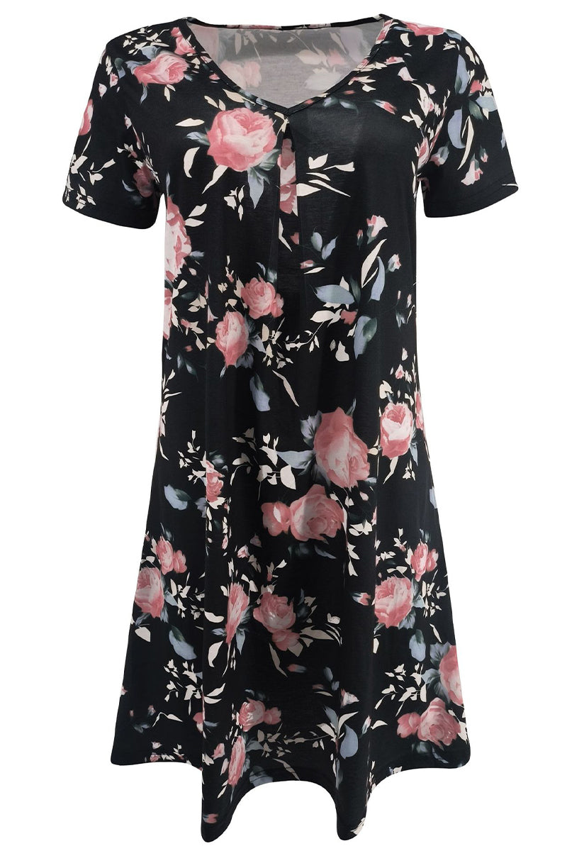 Casual Print Patchwork V Neck A Line Short Sleeve Dress(9 Colors)