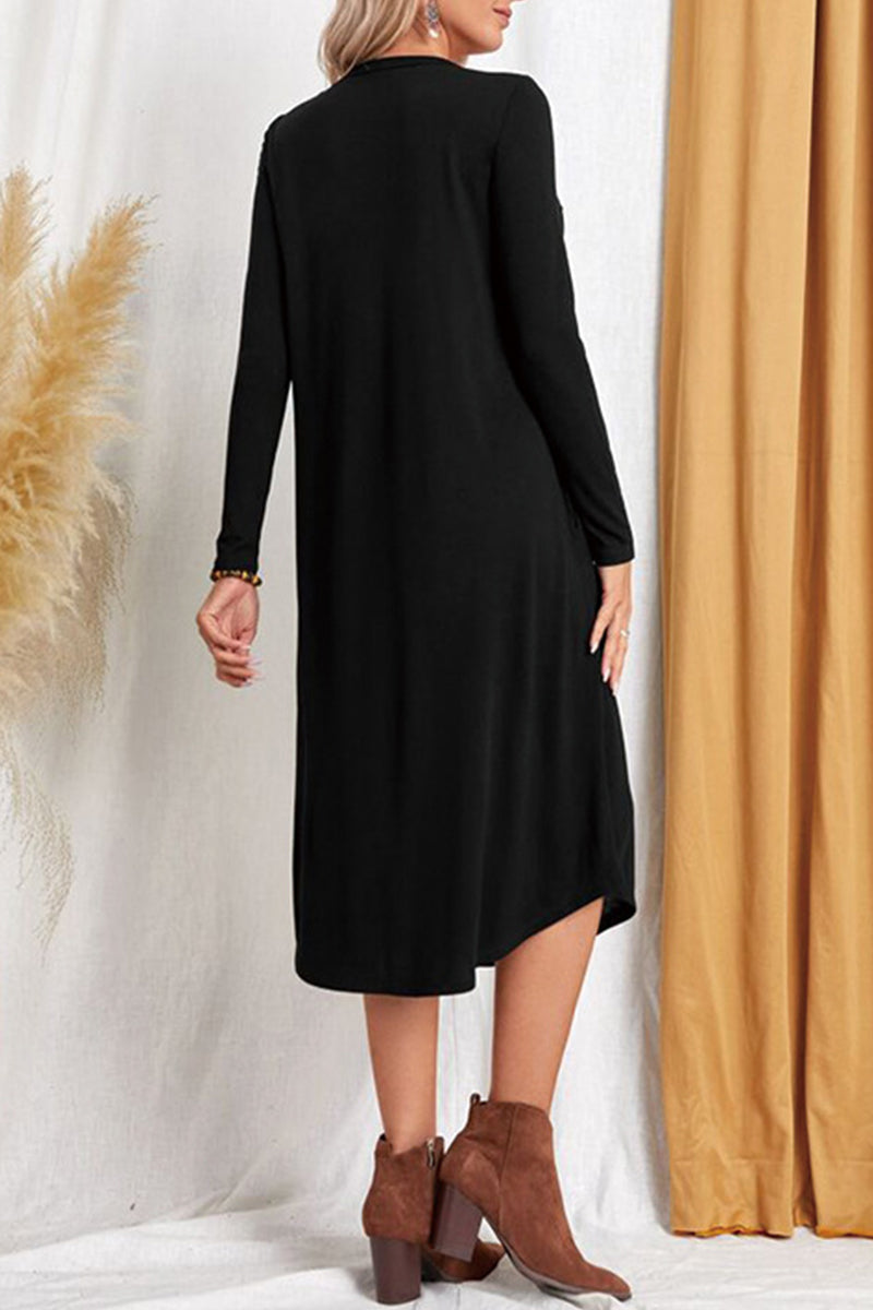 Casual Simplicity Solid Pocket O Neck Long Sleeve Dresses