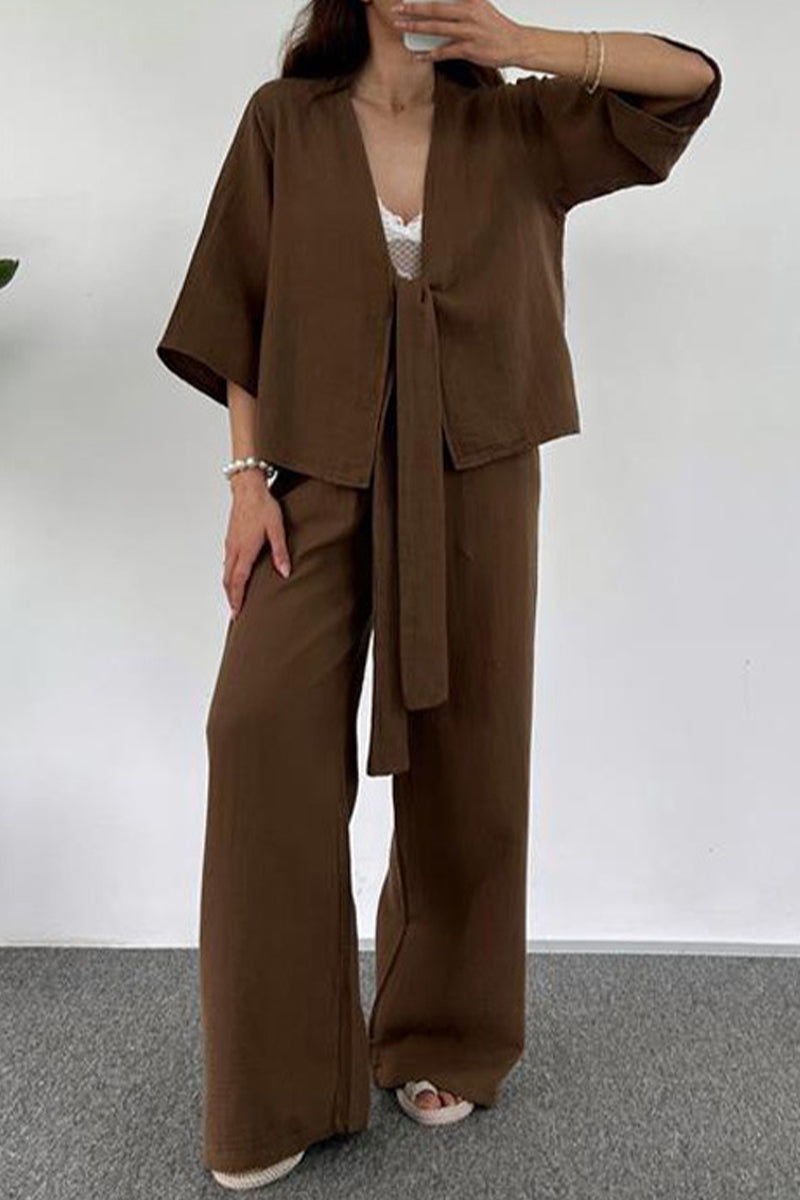 Casual Simplicity Solid Pocket V Neck Three Quarter Two Pieces