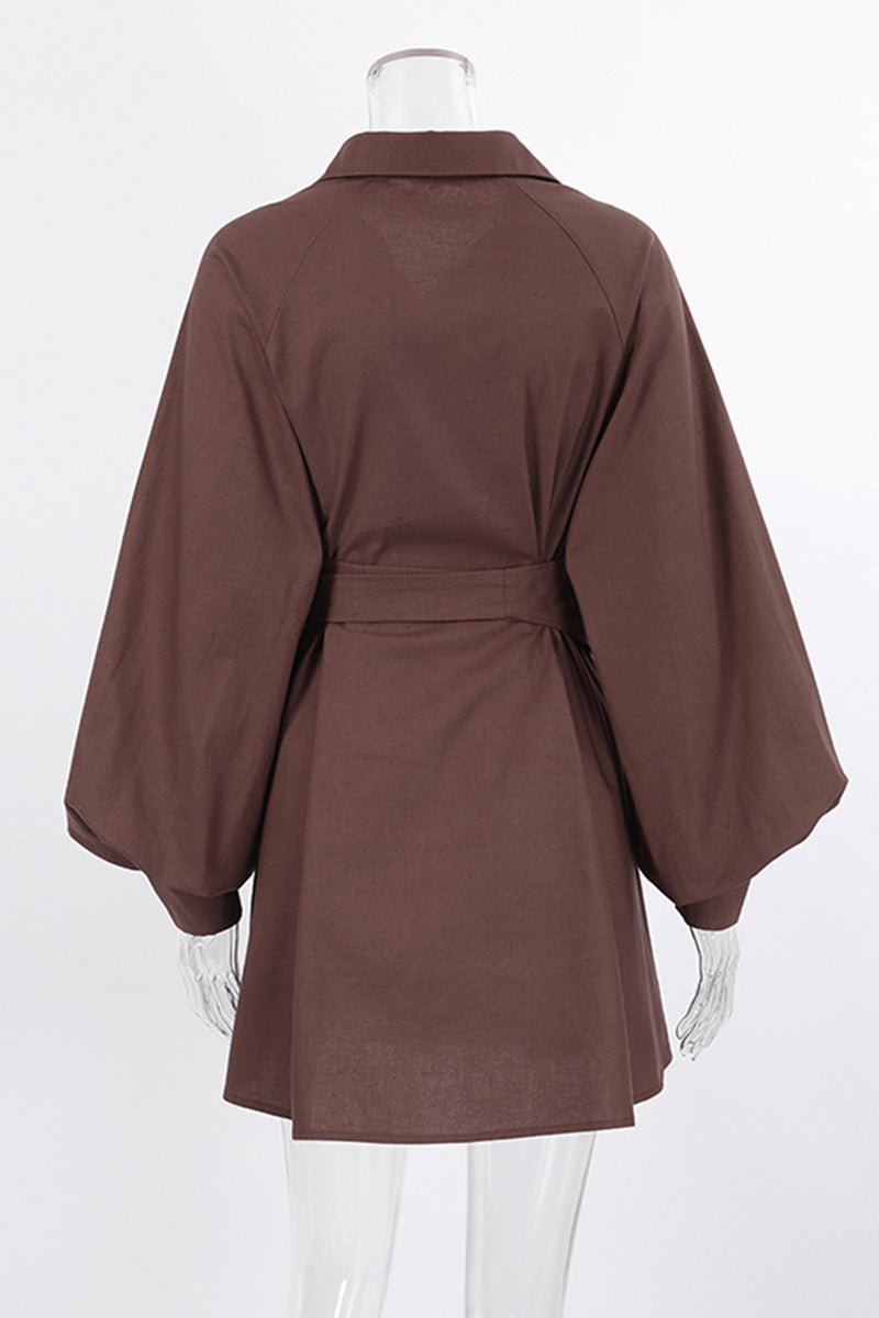 Work Elegant Solid Bandage Turndown Collar Waist Skirt Dresses