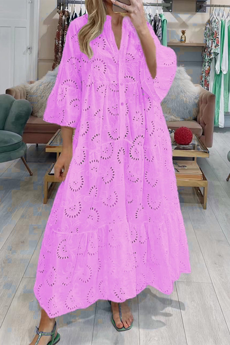 Casual Solid Hollowed Out V Neck A Line Dresses