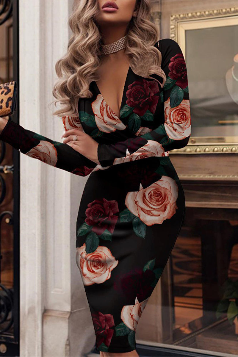 Sexy Celebrities Print Patchwork V Neck One Step Skirt Dresses(3 Colors)