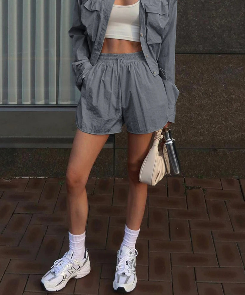 Gray Nylon Crop Shirt Shorts Office Two Piece Set