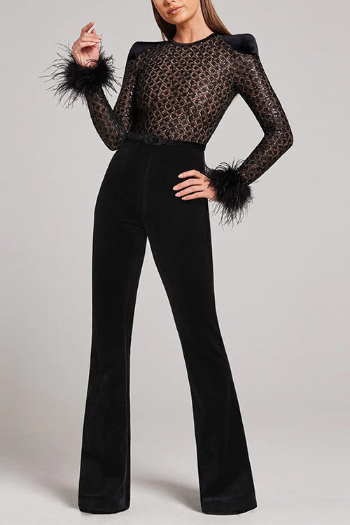 Feather Cuffs Bell Bottom Velvet Splice Jumpsuit