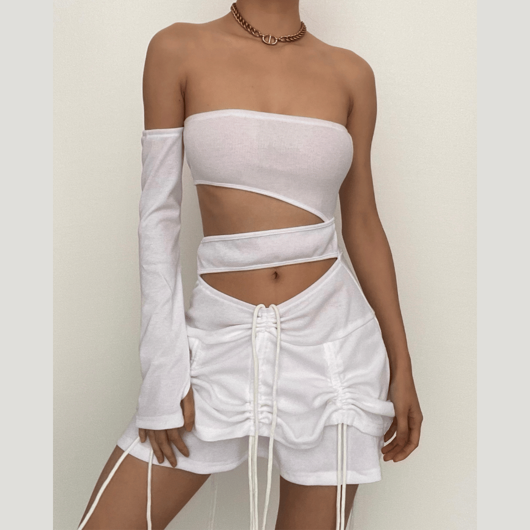 Solid irregular gloves off shoulder drawstring hollow out cut out mini dress