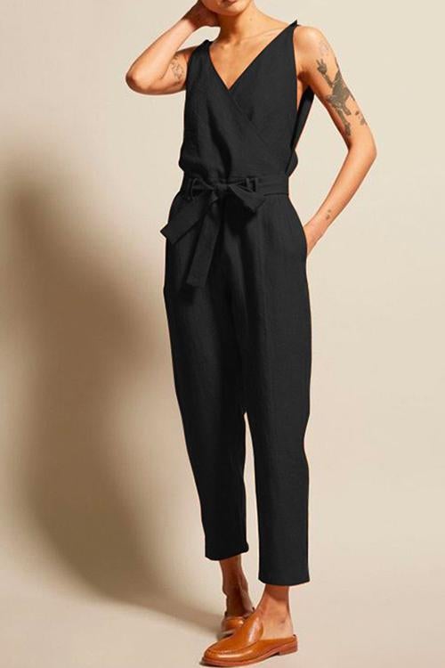 Casual V Neck Sleeveless Wrapped Jumpsuit