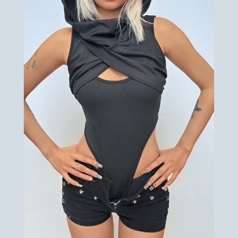 Hoodie sleeveless cross front hollow out bodysuit