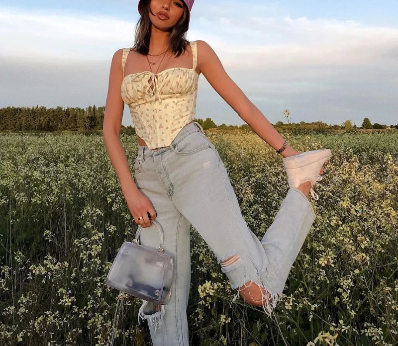 Floral Lace Ruched Tie Low Cut Slim Fit Backless Bustier