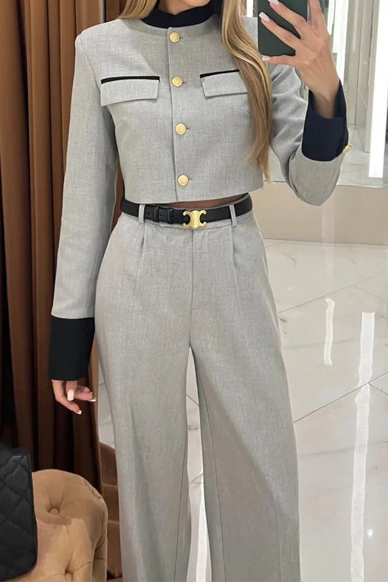 British Style Elegant Solid Pocket Buttons Without Belt O Neck Long Sleeve Two Pieces(No Belt)