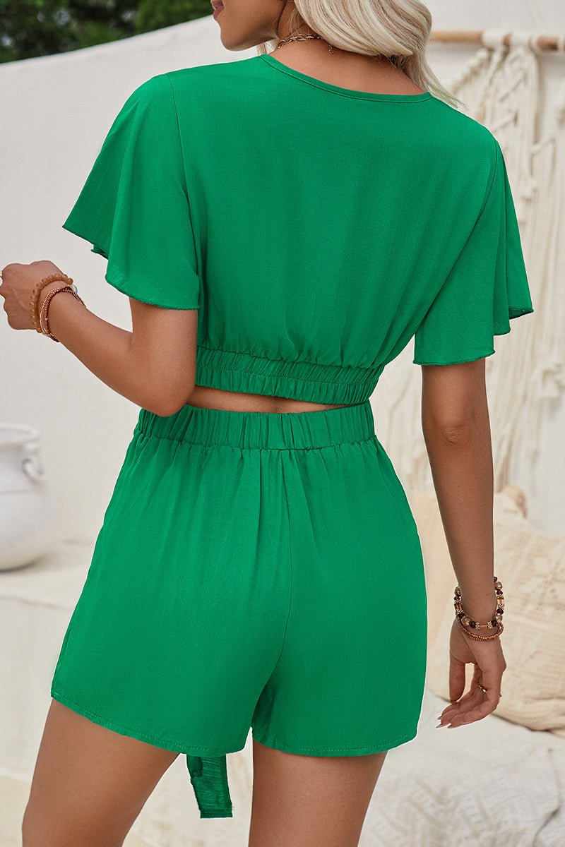 Sexy Solid Frenulum V Neck Short Sleeve Two Pieces(3 Colors)