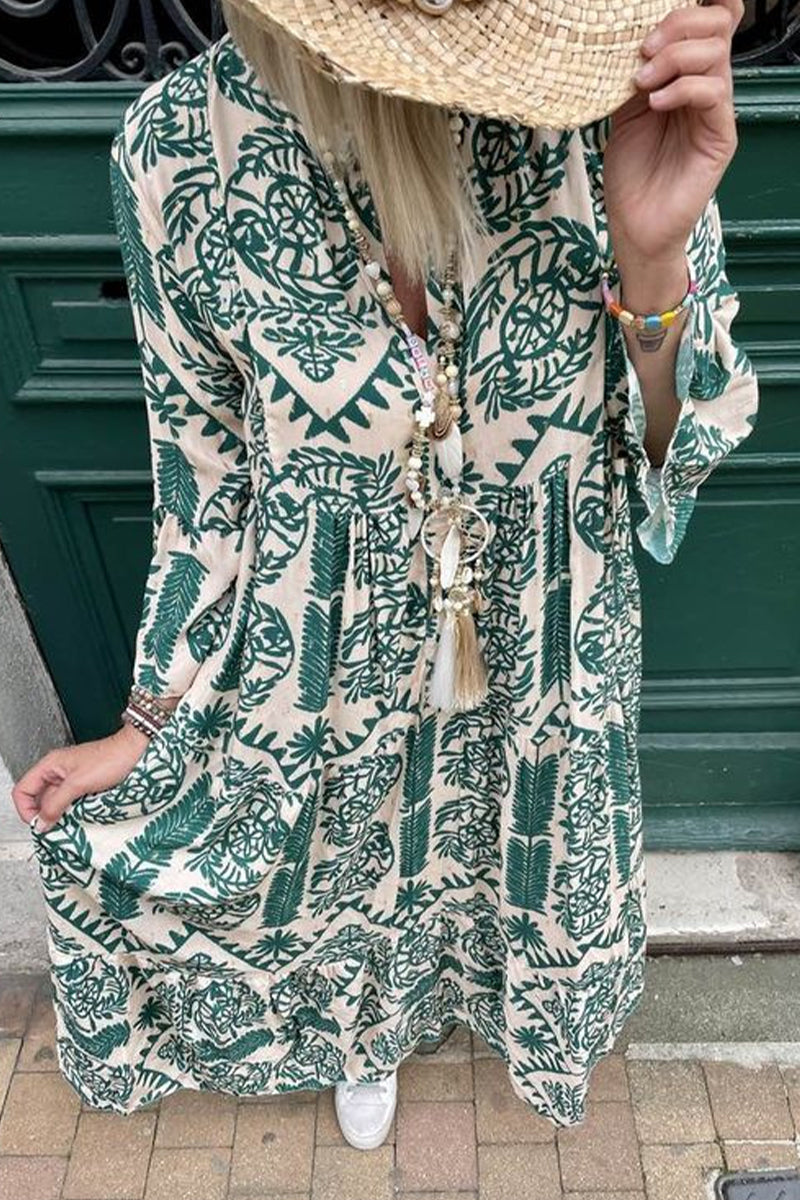 Casual Vintage Geometric Print Patchwork V Neck Printed Dresses(3 Colors)