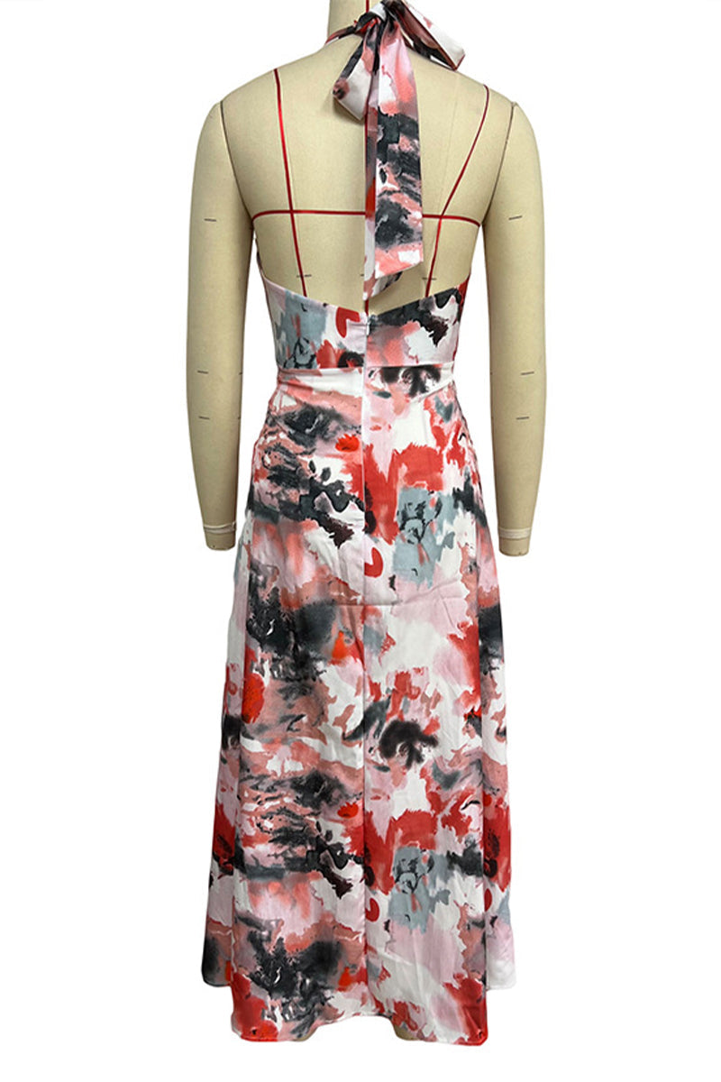 Sexy Gradient Print Frenulum Backless Contrast Halter Printed Dresses(3 Colors)