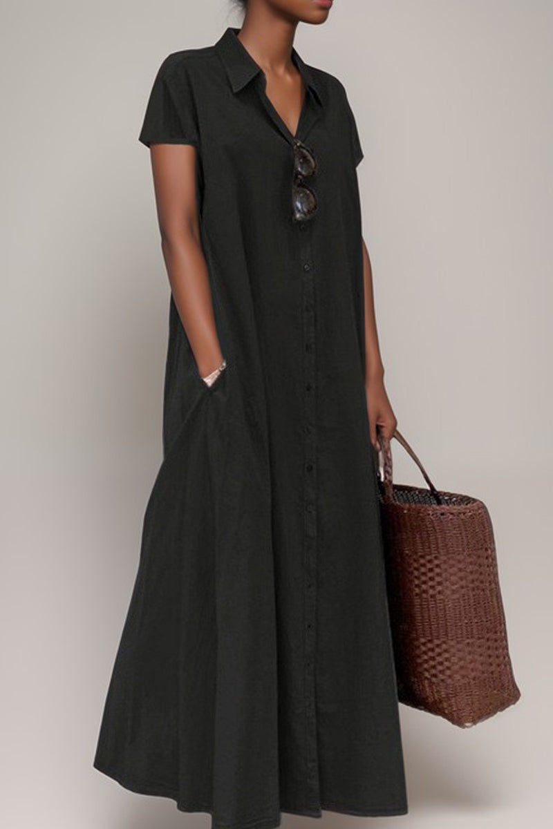 Casual Solid Color Print Patchwork Shirt Collar Long Dresses(6 Colors)