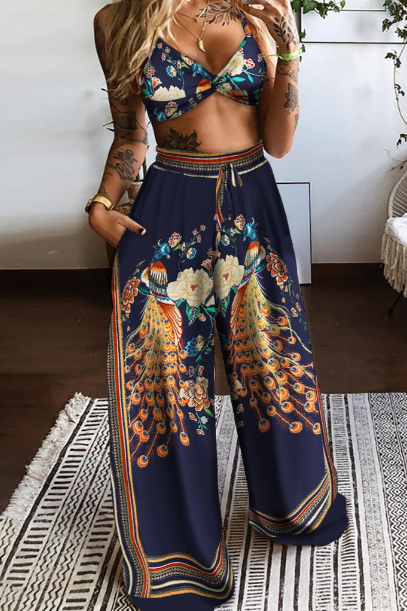 Sexy Casual Print Backless Spaghetti Strap Sleeveless Two Pieces