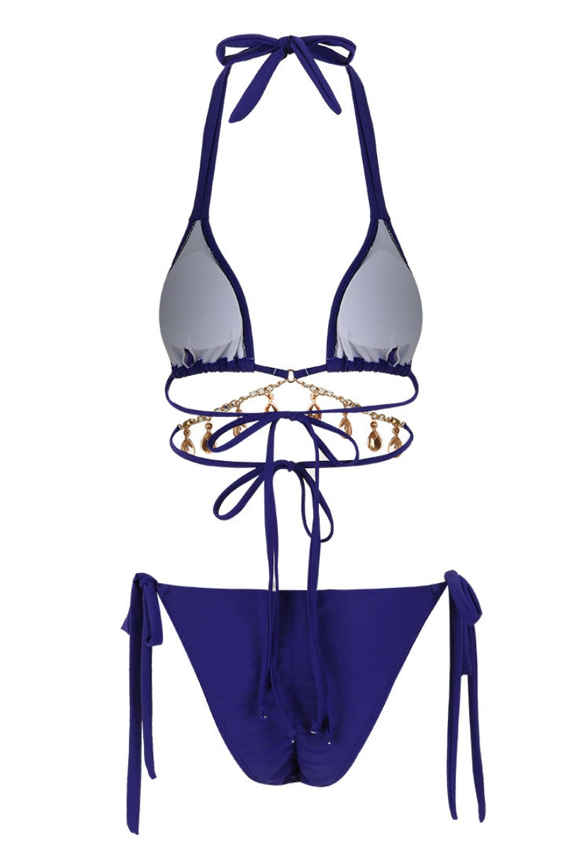 Sexy Fringed Trim Patchwork Backless Belted Swimwears (With Paddings)