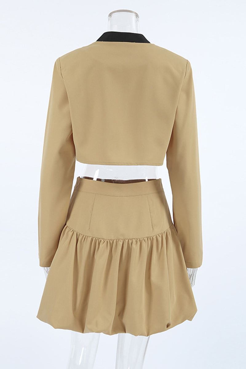 Casual Street Solid Color Buttons Patchwork Contrast O Neck Long Sleeve Two Pieces