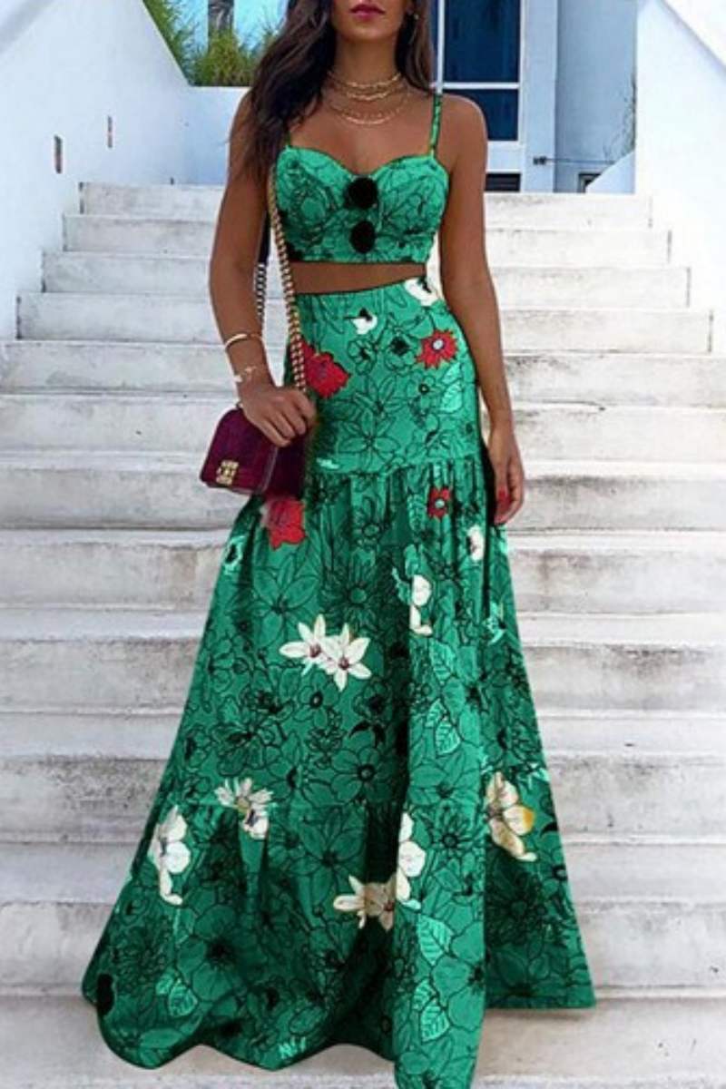 Sexy Floral Print Backless Spaghetti Strap Sleeveless Two Pieces(3 Colors)