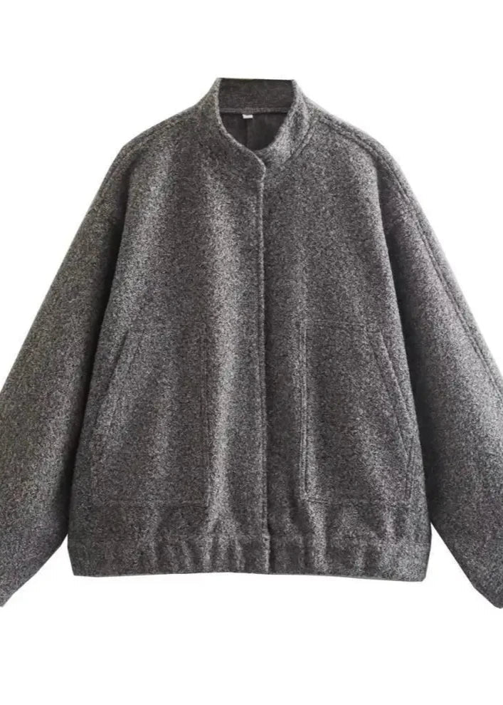 Gray Classic Bouclé Bomber Jacket