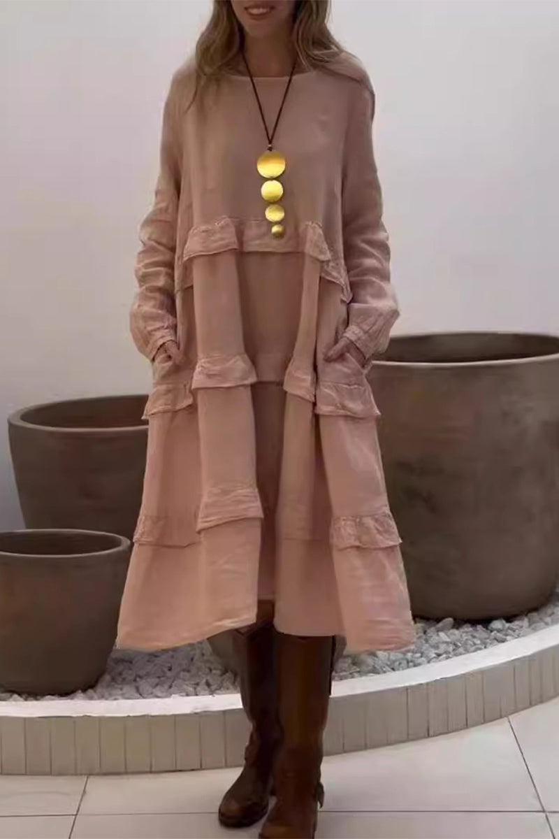 Casual Pocket Ruffle O Neck A Line Dresses(4 Colors)