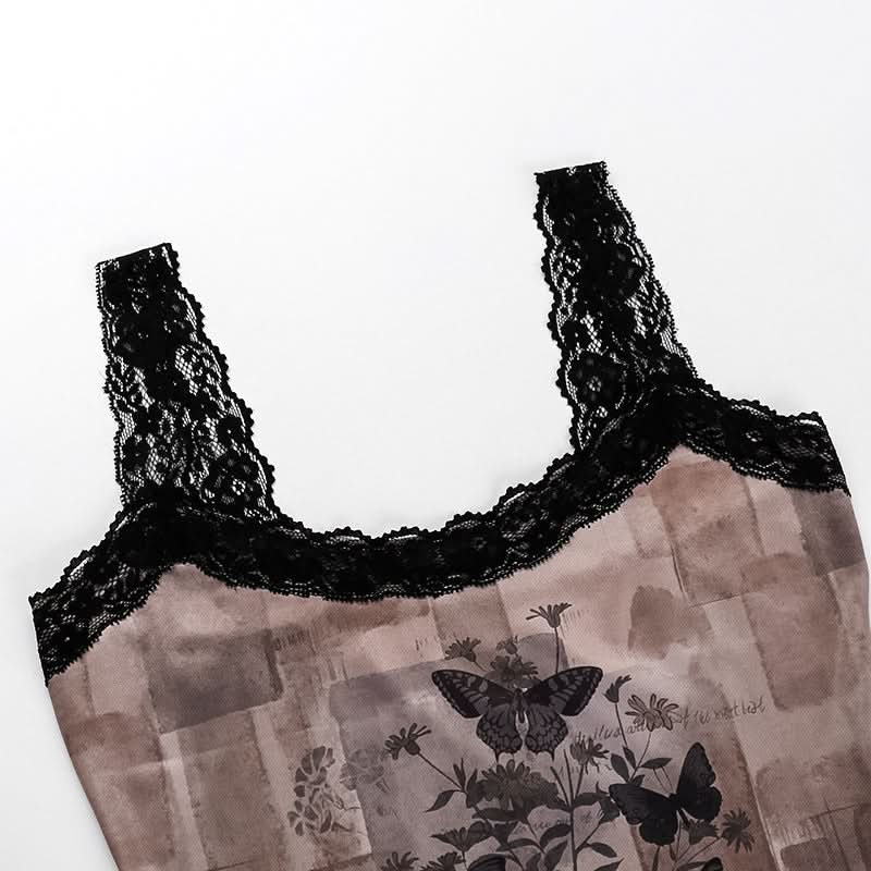 Lace hem butterfly print cami top