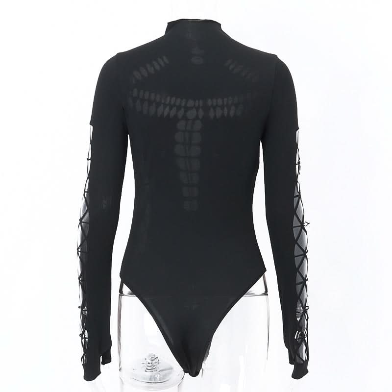 High neck long sleeve spider web hollow out bodysuit