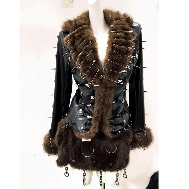 2 piece long sleeve fluffy o ring PU leather mini skirt set