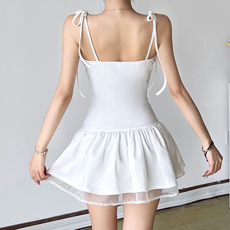 Square neck self tie ruffle cami mini dress