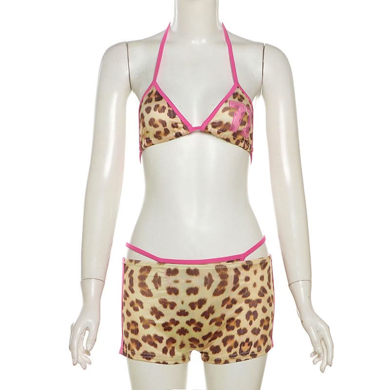 Halter leopard print 3 piece mini short pant set