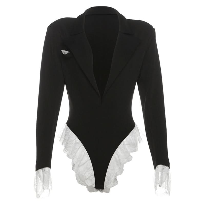 Turnover collar long sleeve lace hem bodysuit