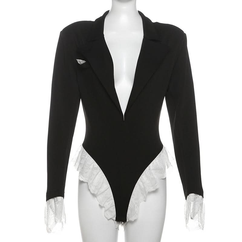 Turnover collar long sleeve lace hem bodysuit