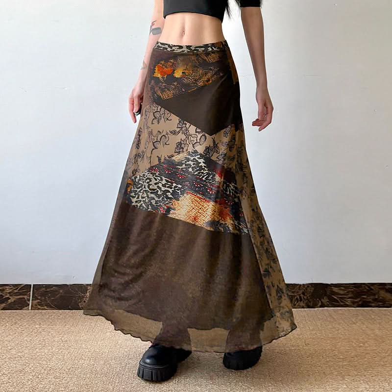 Abstract contrast mesh patchwork maxi skirt