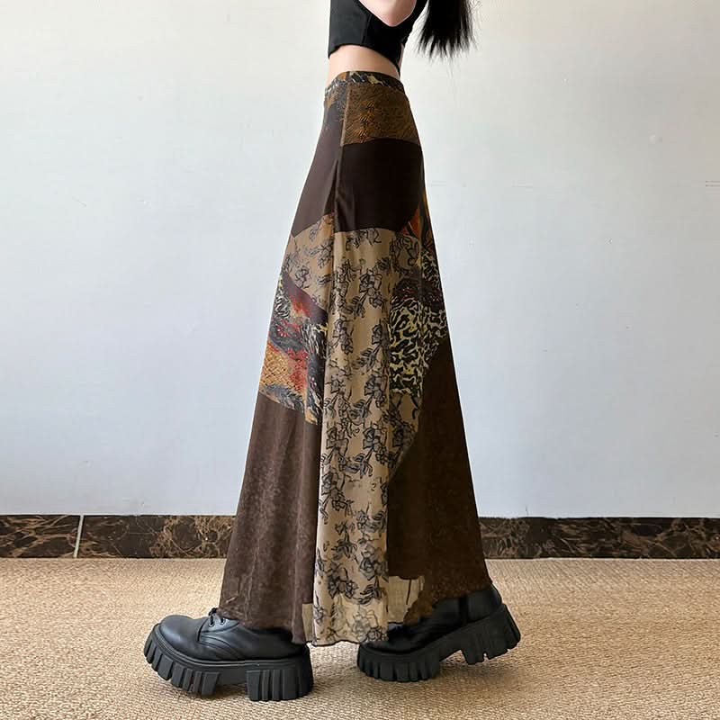 Abstract contrast mesh patchwork maxi skirt
