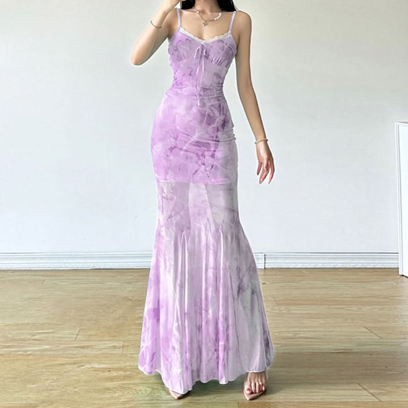 Lace hem print mesh ruched cami maxi dress