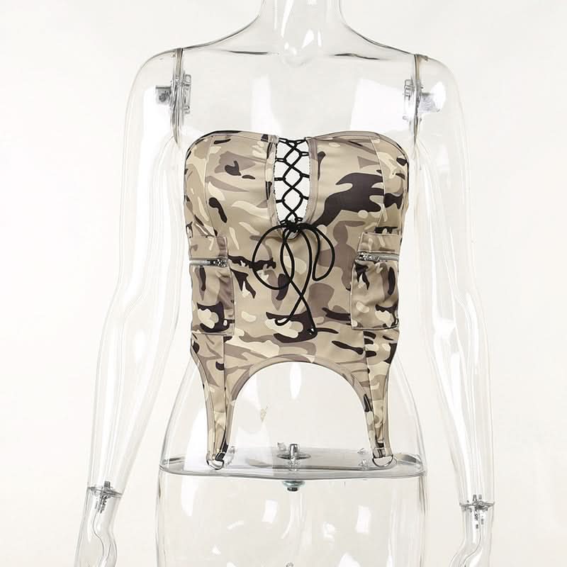 Camouflage lace up zip up tube top