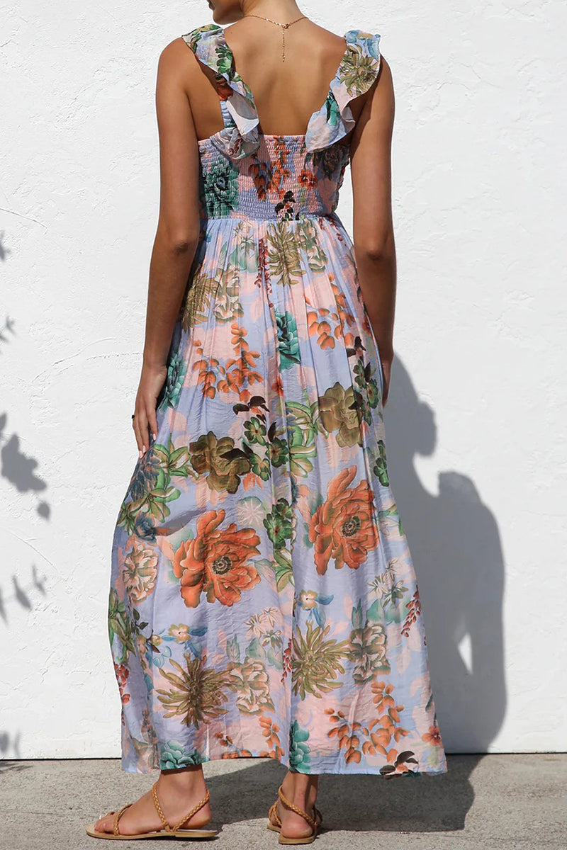 Vacation Geometric Print Flowers Contrast V Neck Long Dresses