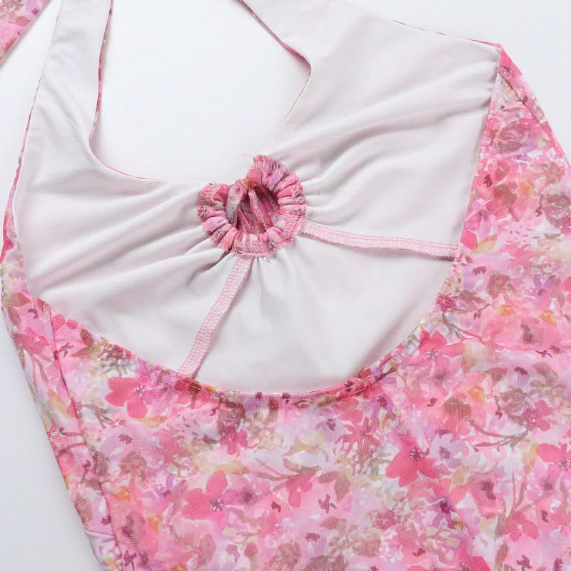 Halter flower print hollow out cut out mini dress