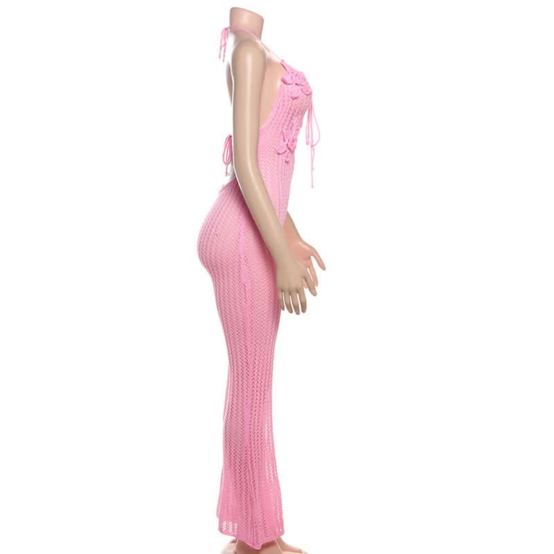 Halter knitted flower applique jumpsuit