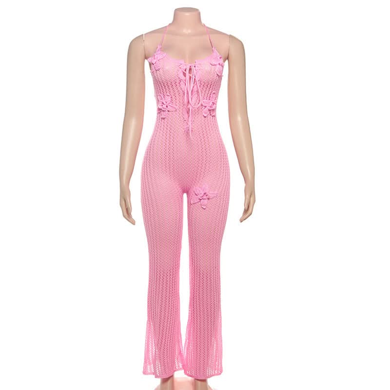 Halter knitted flower applique jumpsuit