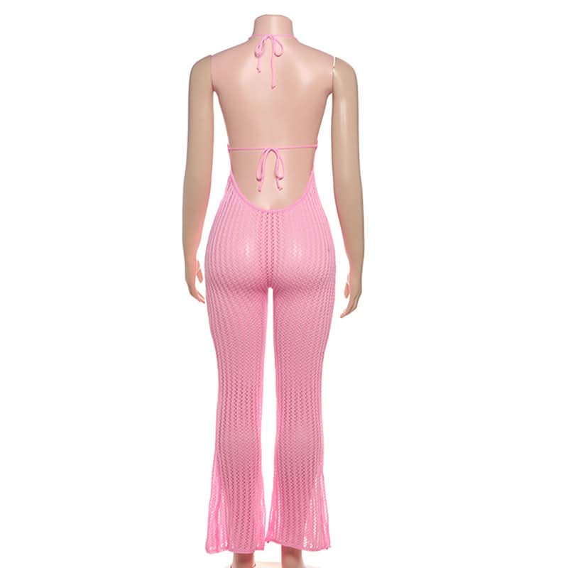 Halter knitted flower applique jumpsuit