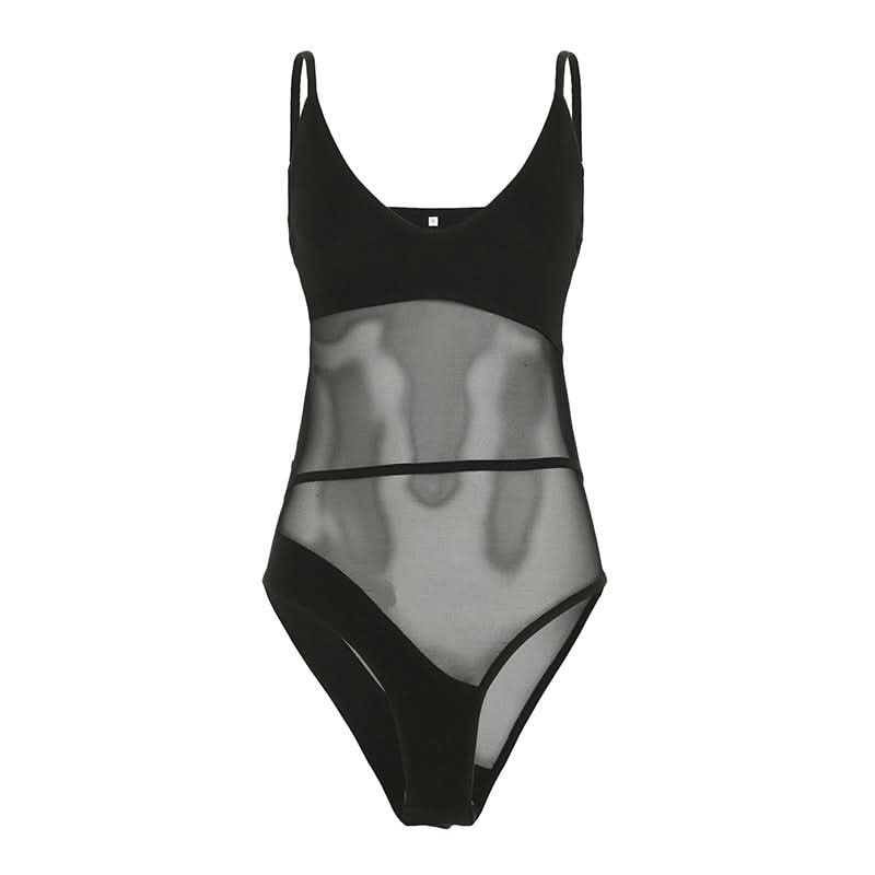 V neck mesh patchwork cami bodysuit