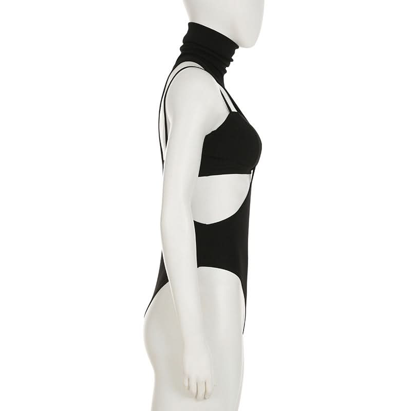 High neck hollow out 2 piece cami bodysuit