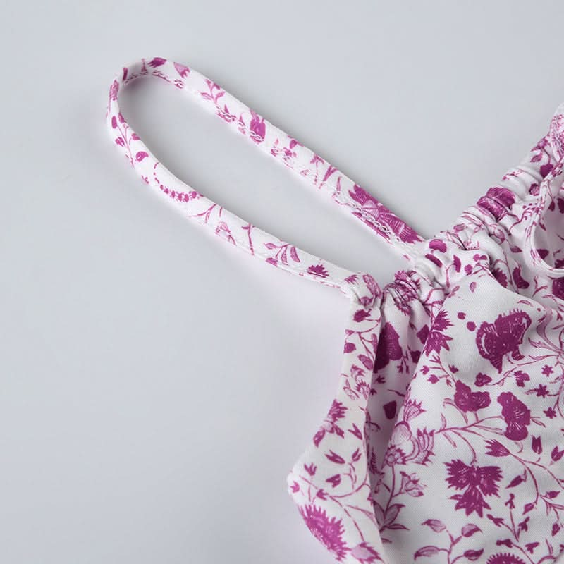 Square neck ruched flower print cami maxi dress